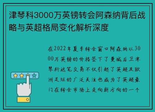 津琴科3000万英镑转会阿森纳背后战略与英超格局变化解析深度