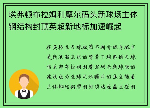 埃弗顿布拉姆利摩尔码头新球场主体钢结构封顶英超新地标加速崛起