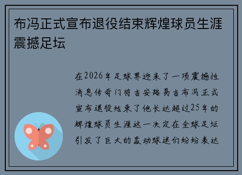 布冯正式宣布退役结束辉煌球员生涯震撼足坛
